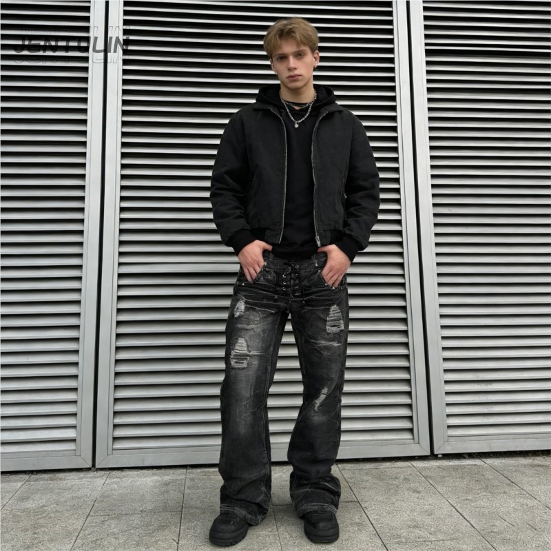 Men'S Fashion Jeans And Boots - Y2K 레트로 데미지 워싱 홀스 고딕