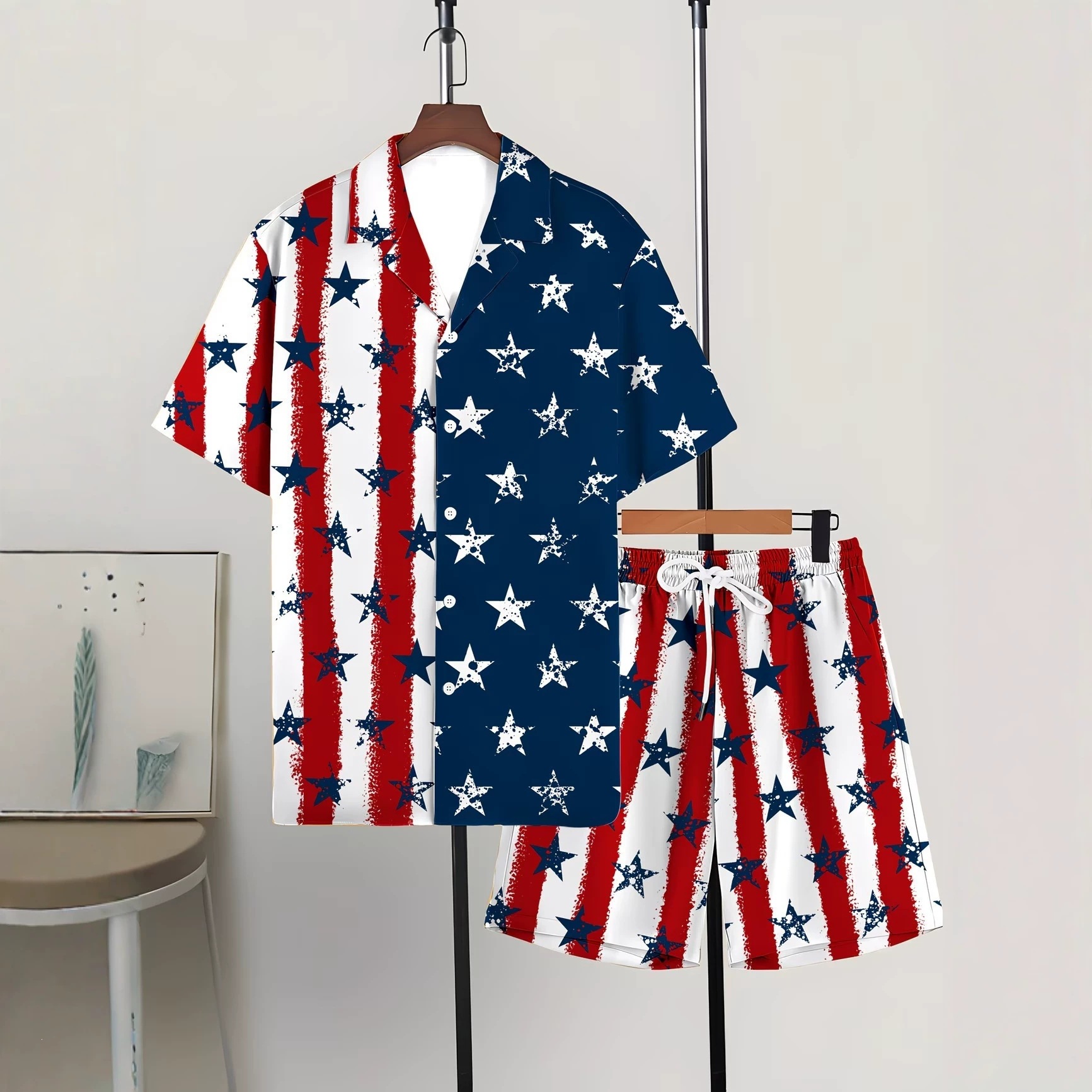 남성 반팔 깃발 패턴 셔츠 2PCS 세트 라펠 셔츠 반 - Track Suit Men 리뷰 및 가격