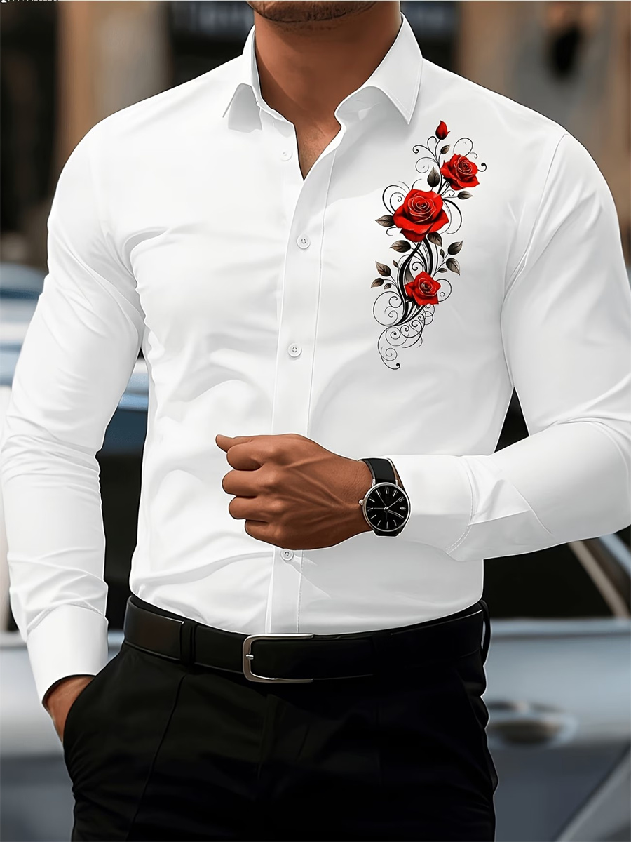 남성용 레드 로즈 프린트 긴팔 셔츠, 패셔너블하고 캐주 - Men'S Fashion Outfits 리뷰 및 가격