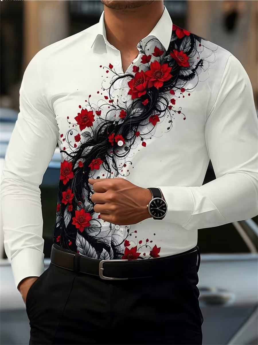 남성용 레드 로즈 프린트 긴팔 셔츠, 패셔너블하고 캐주 - Men'S Fashion Outfits 리뷰 및 가격