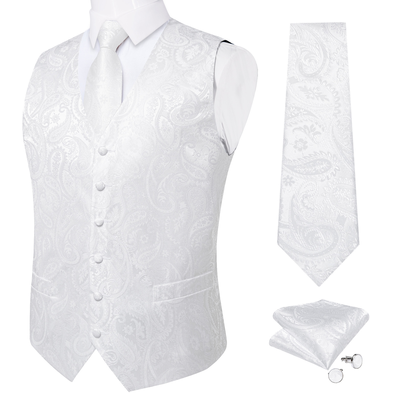 남자를위한 순수한 흰색 웨딩 조끼 민소매 v 넥 새틴  - Formal Waistcoat Vest 리뷰 및 가격