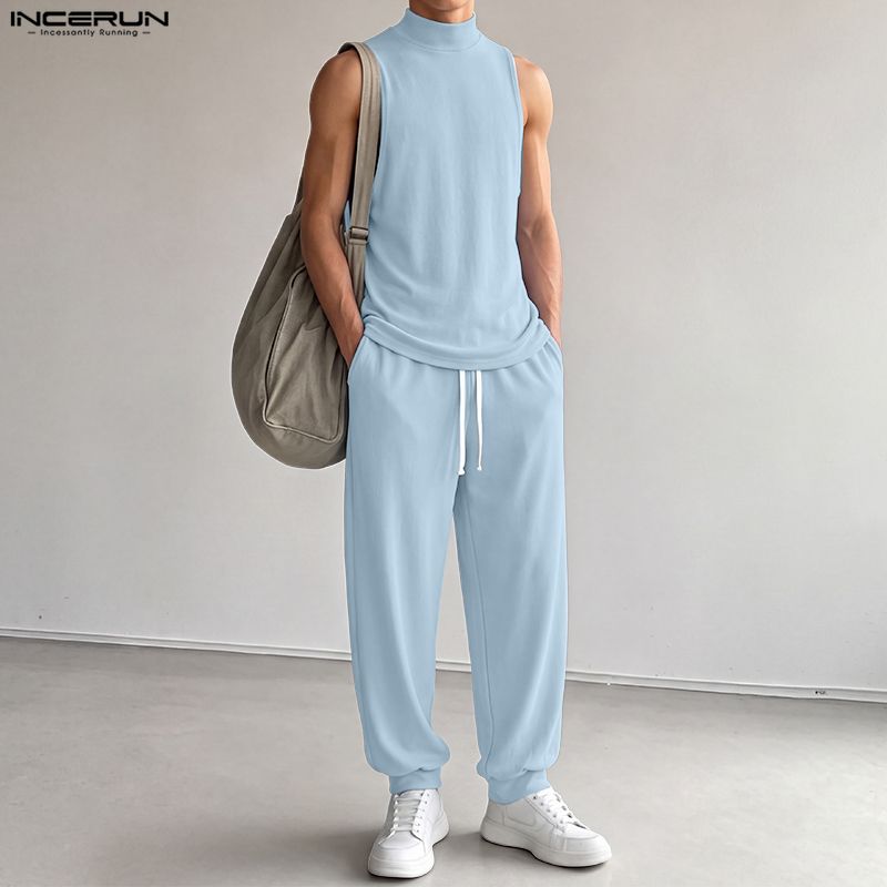 INCERUN 남성 세트 솔리드 컬러 터틀넥 민소매 탱 - Track Suit Men 리뷰 및 가격