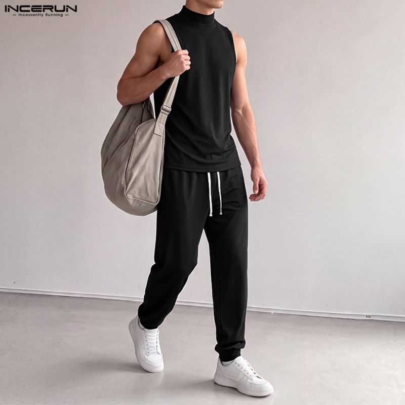 INCERUN 남성 세트 솔리드 컬러 터틀넥 민소매 탱 - Track Suit Men 리뷰 및 가격